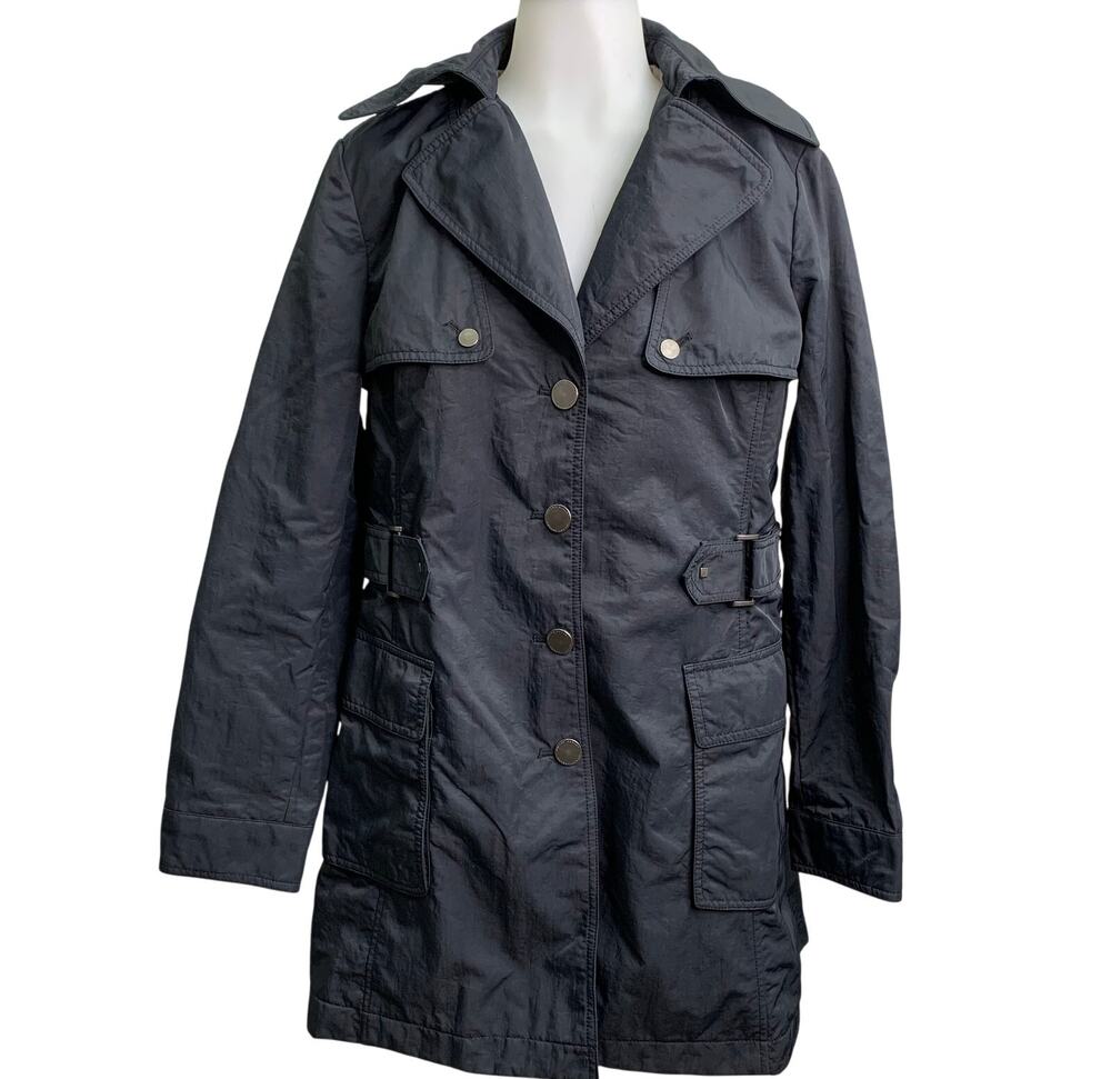Hilary Radley Womens 12 Raincoat Black Pockets Belted Waterproof Jacket Coat
